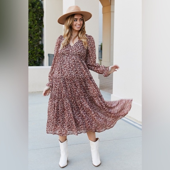 Mine and E&M Floral V-Neck Flounce Sleeve Dress Chestnut - Picture 4 of 7